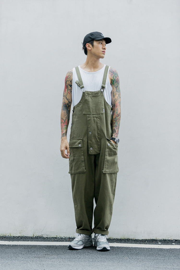 阿美咔叽美式复古背带裤阔腿宽松连体工装裤工人工作服老爹吊带裤