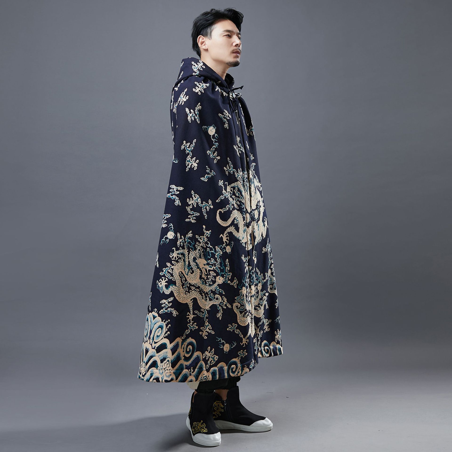 2020秋冬斗篷披肩 龙纹加绒斗篷 汉服披风古装国风男麻棉印花