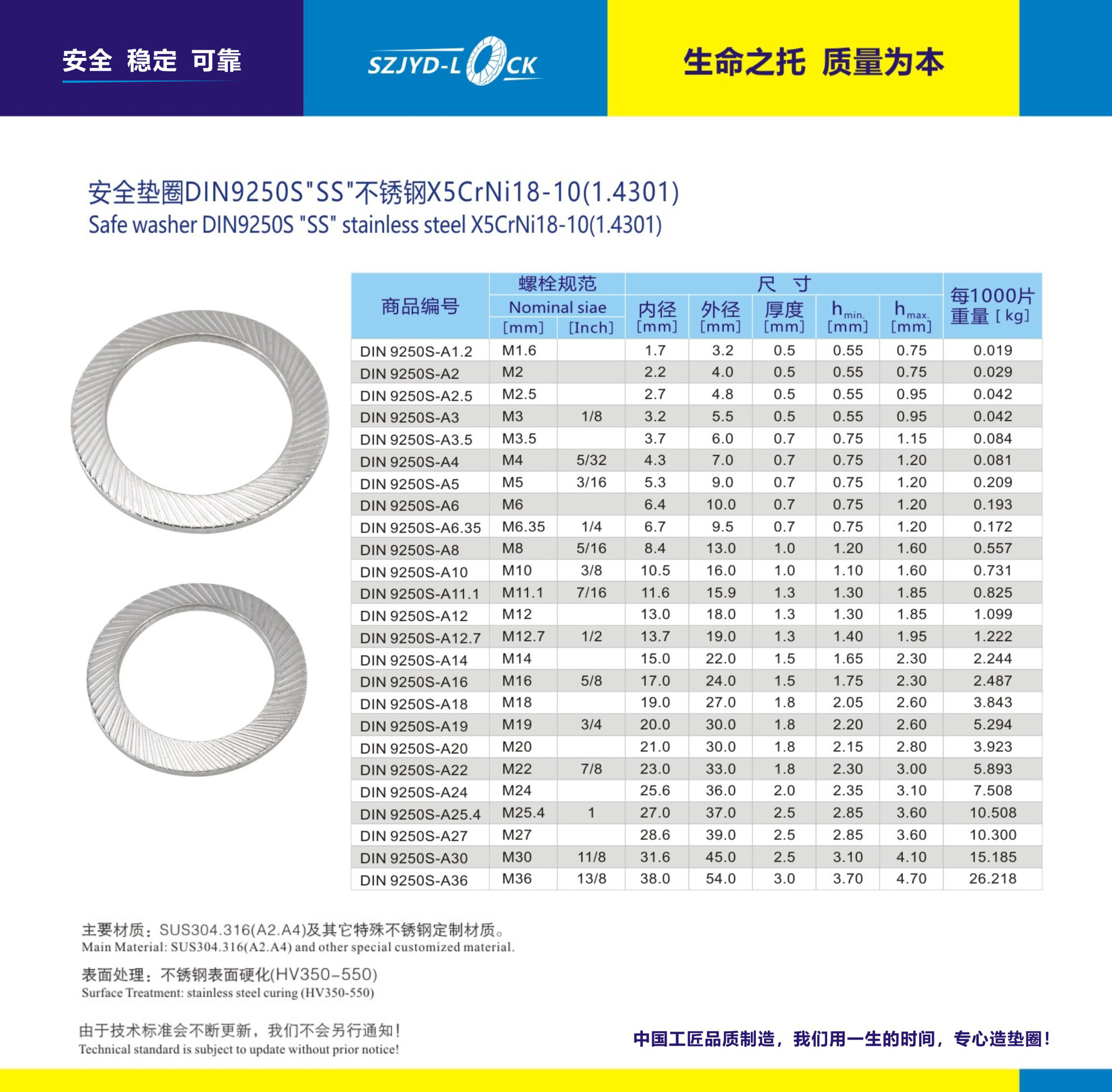 sus304不锈钢防松垫圈 din9250vs标准 m6规格