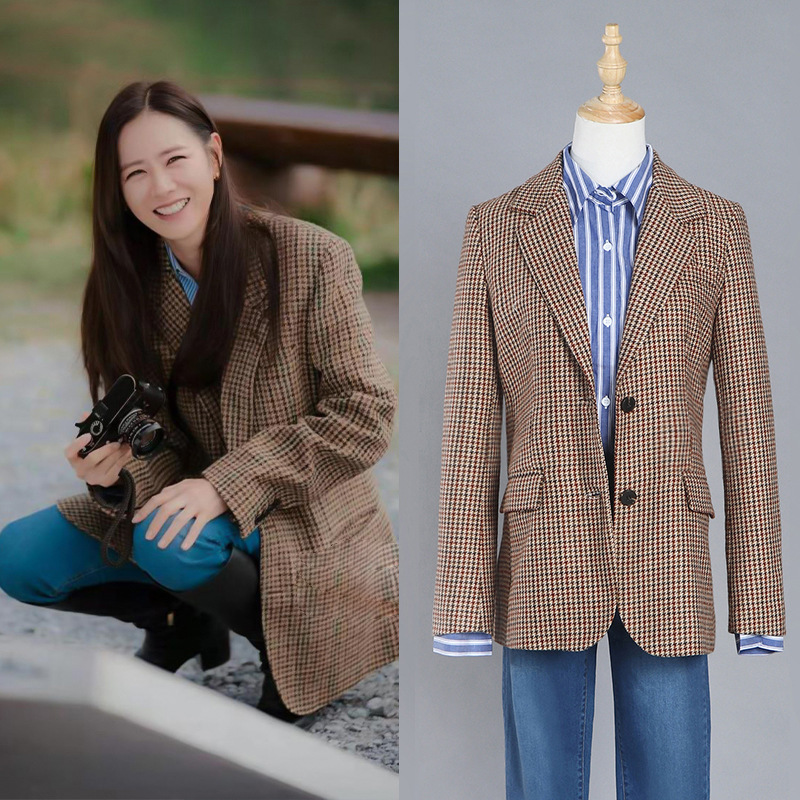 孙艺珍明星同款外套2020春季新款千鸟格复古宽松气质网红小西装女