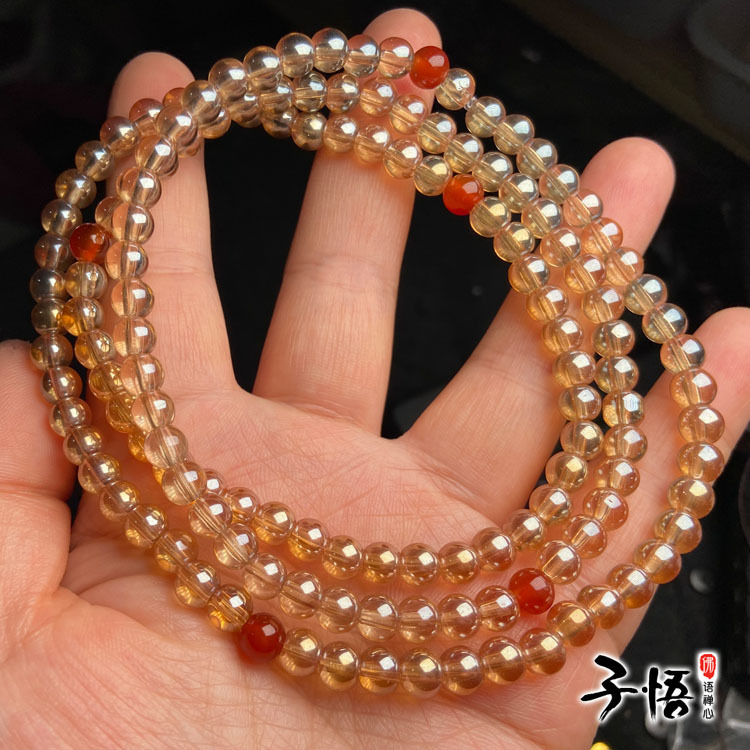 厂家直供香槟金水晶6mm四圈手缠手链 香槟水晶红玛瑙顶珠多圈手缠