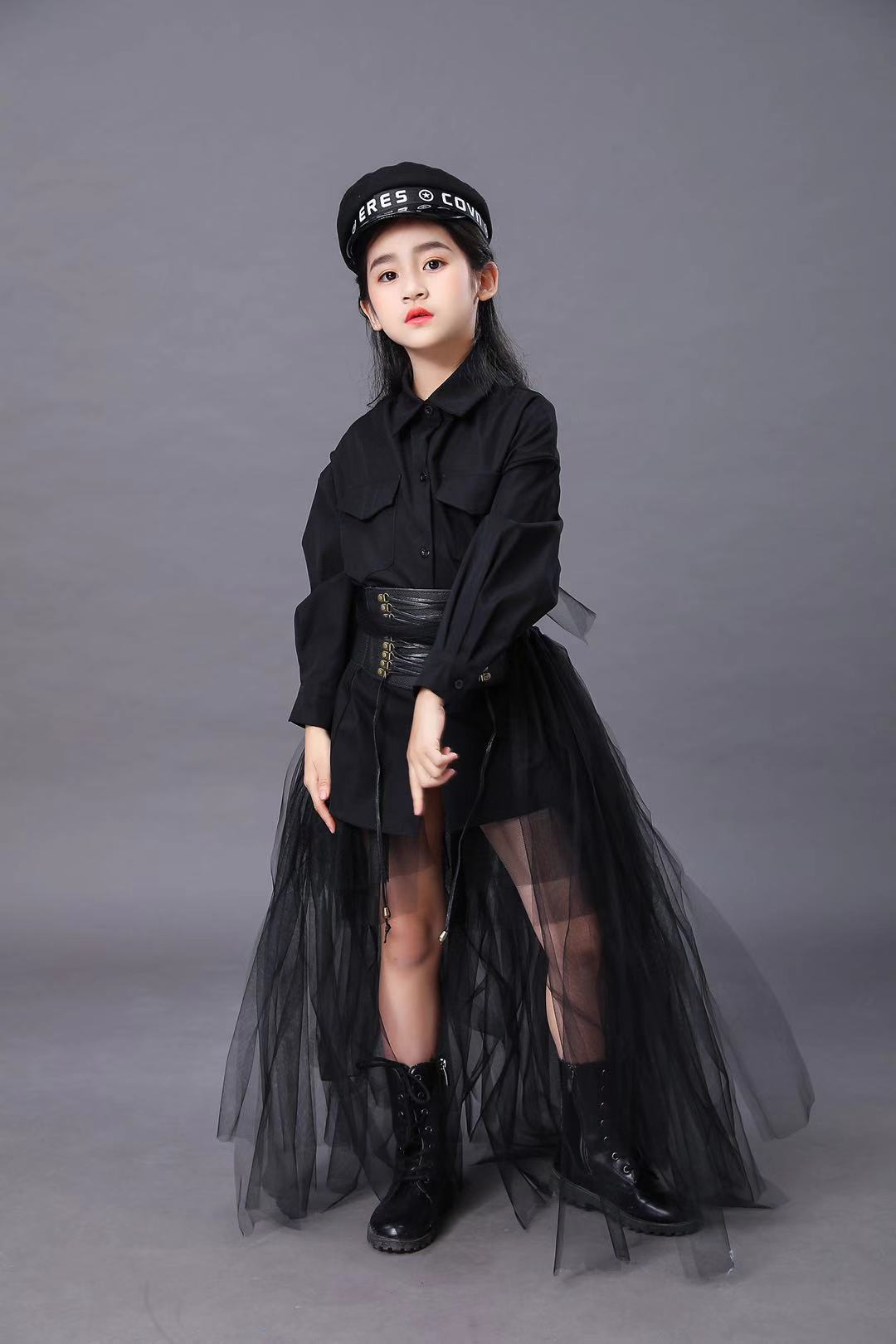 儿童黑色套装女童模特比赛t台时尚走秀服装礼服六一演出西服潮夏