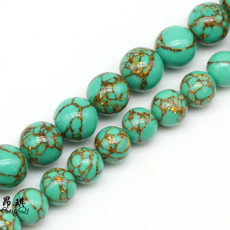 厂家直销 新款合成金线松散珠 diy金线绿松石混合圆珠配件跨境