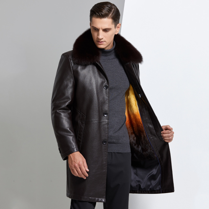 男士真皮皮衣狐狸毛领中长款尼克服可脱卸内胆皮大衣皮毛一体外套