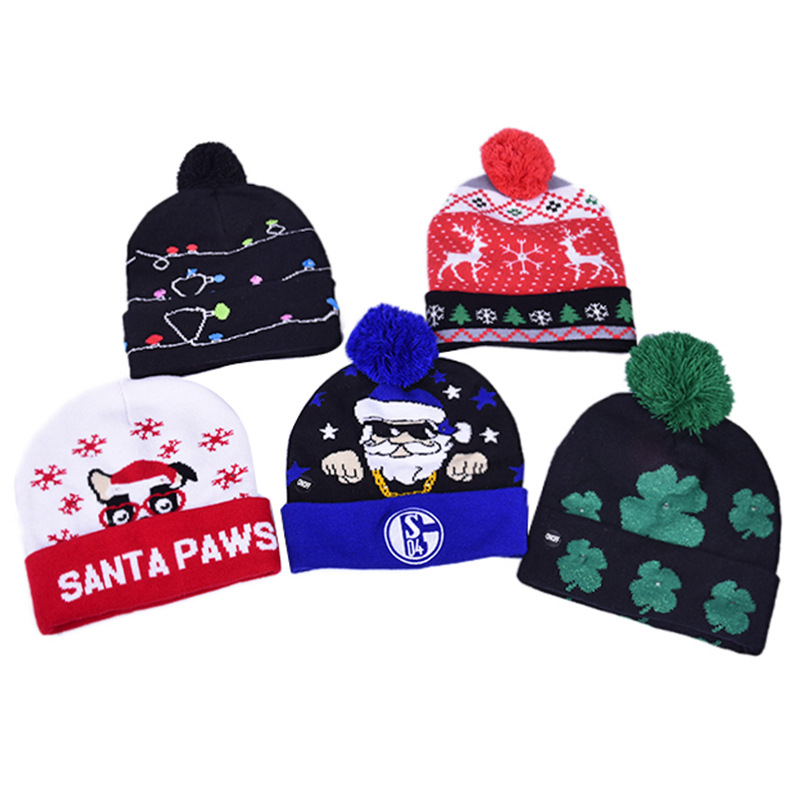 Factory Customized Knitted Jacquard Christmas Hat Luminous LED Christmas Woolen Cap Autumn and Winter Warm Fur Ball Sleeve Cap
