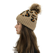 2020亚马逊豹纹毛线针织帽 秋冬新款帽子女时尚保暖大毛球帽子