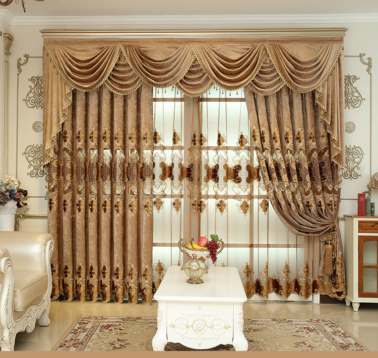 金色丽都欧式雪尼尔绣花窗帘遮光阳台卧室客厅帘头别墅新中式纱帘