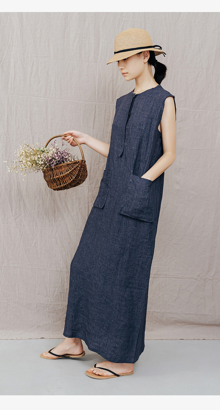 中长款棉麻连衣裙女装2020夏季新款直筒气质修身开叉直筒连衣裙