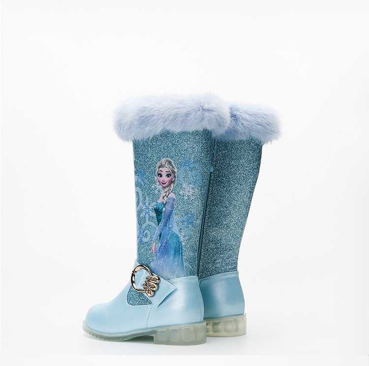 2021秋冬新款女童高跟长筒靴小女孩艾莎公主靴加绒保暖儿童雪地靴