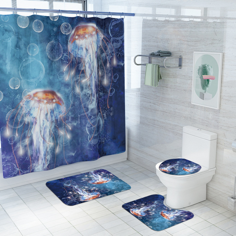 New Blue Bottom Jellyfish Shower Curtain Carpet Four-Piece Bathroom Non-Slip Mat Set Amazon One Piece Dropshipping