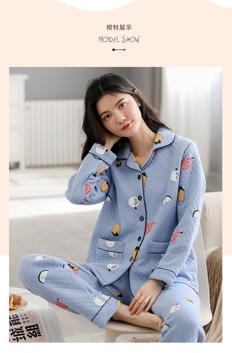 秋冬季全棉空气棉夹层睡衣女纯棉长袖加厚三层薄款夹棉家居服套装