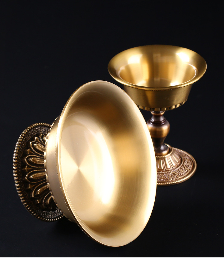 藏传佛教用品莲花护法杯尼泊尔密宗法器纯铜高脚圣水杯供佛杯中号