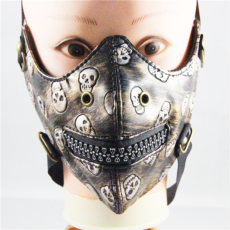 万圣节配饰面罩个性皮革防尘口罩骷髅印花拉链均码面罩亚马逊货源