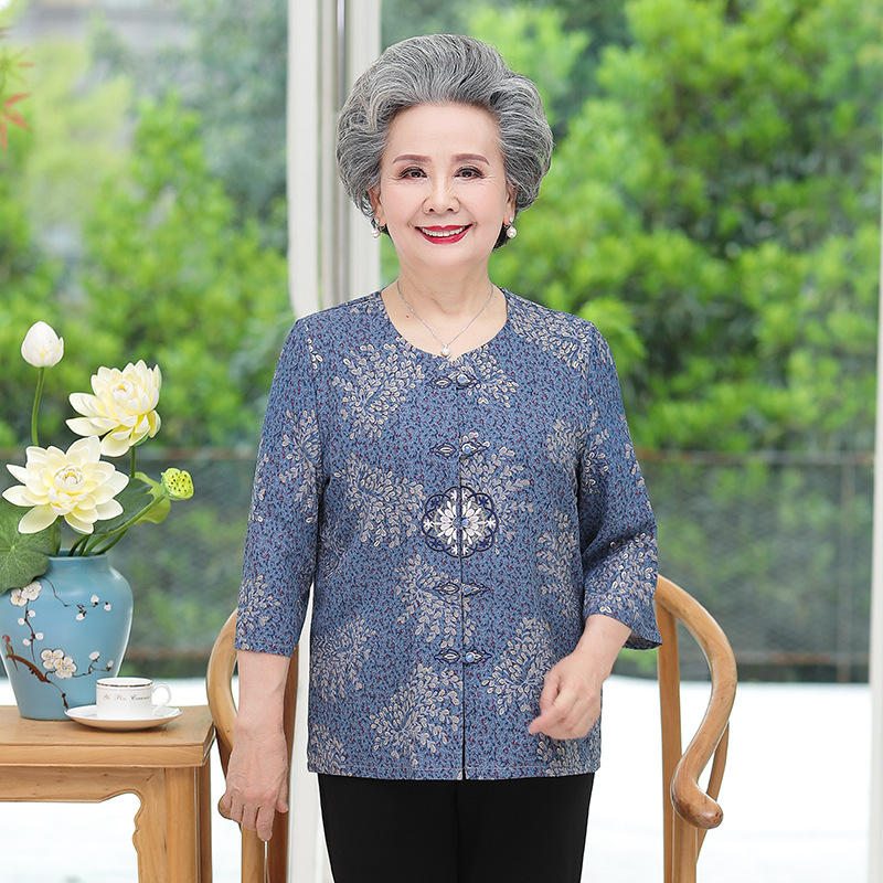 老年妈妈夏装唐装衬衫老太太碎花上衣中老年人女圆领衬衣奶奶衣服