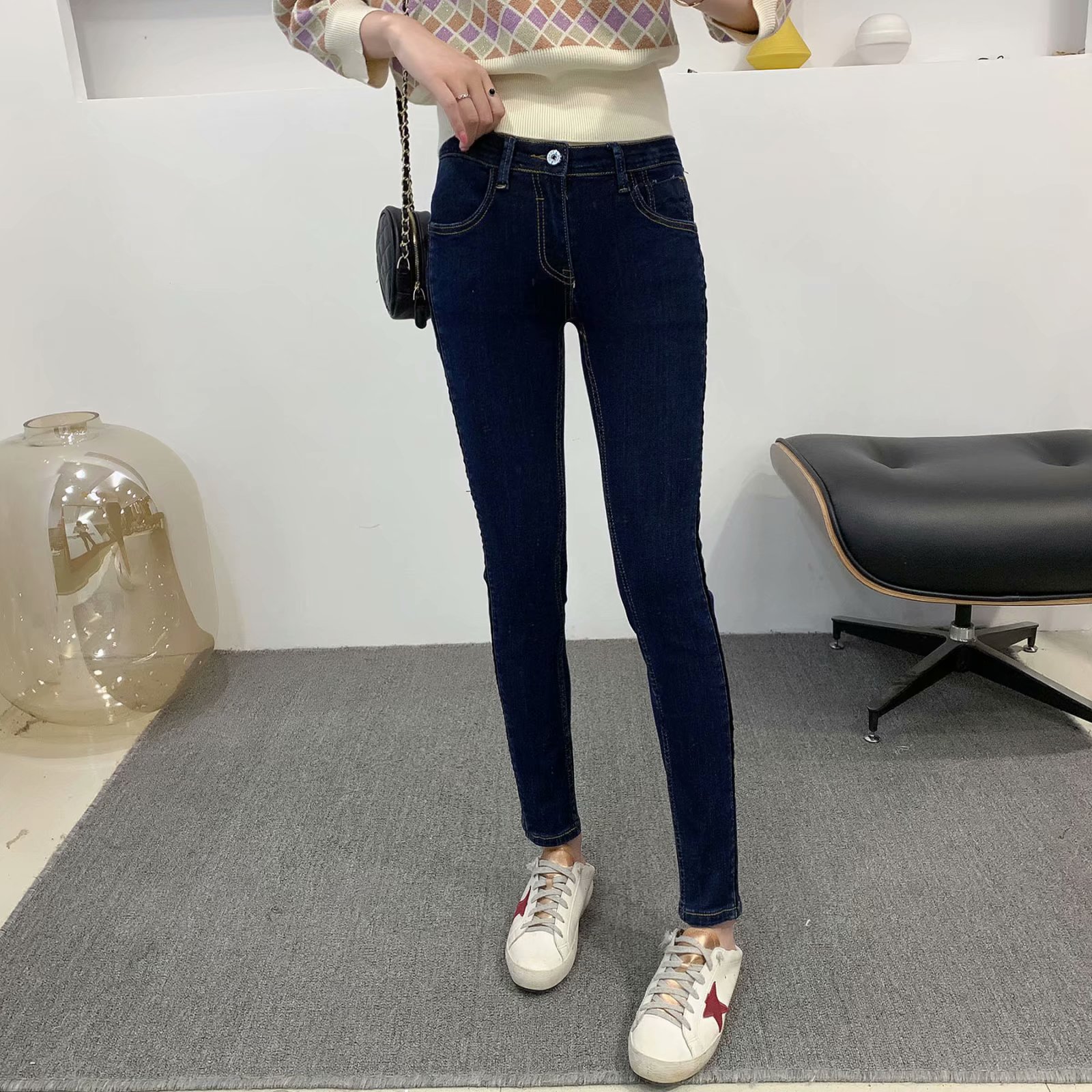 41694 春季新款修身中高腰紧腿牛仔裤女显瘦弹力铅笔百搭小脚长裤