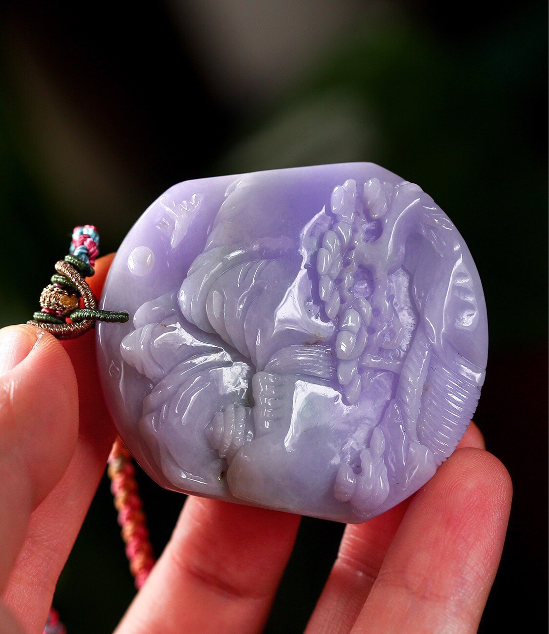 缅甸天然a货翡翠紫罗兰山水牌吊坠水润厚装手工雕刻一物一图项链