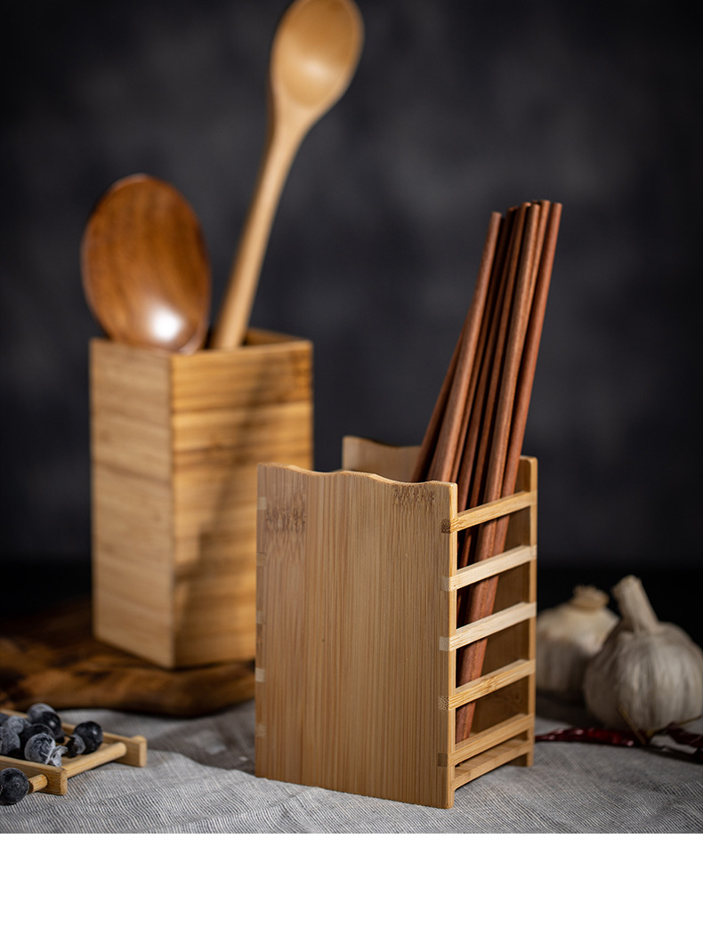 新款简约家用竹制筷笼厨房创意方形沥水筷子筒餐具筷子收纳盒批发