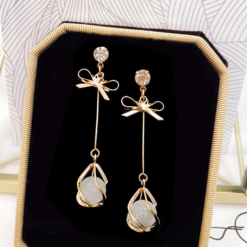 Korean Style Temperament Wild 925 Silver Pin Earrings Long Bow Tie Cat's Eye Earrings Internet Influencer Personalized Earrings Wholesale