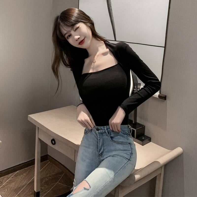 5177097女装夜店性感抹胸式低胸纯色短款打底衫长袖上衣单衣t恤