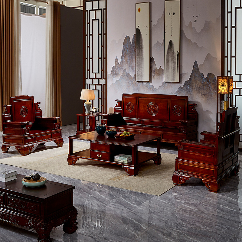 仿古实木沙发组合实木雕花客厅现代中式古典桦木红木色沙发整装