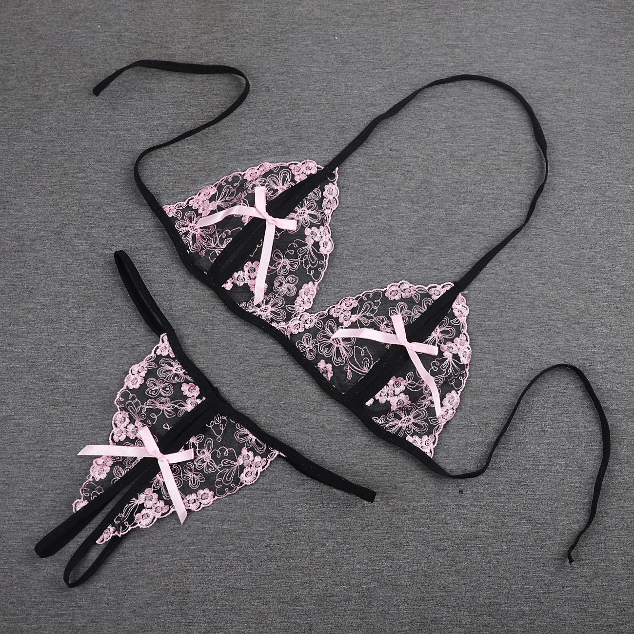 厂家批发刺绣情趣内衣三点式性感绑带套装 水溶花朵内衣