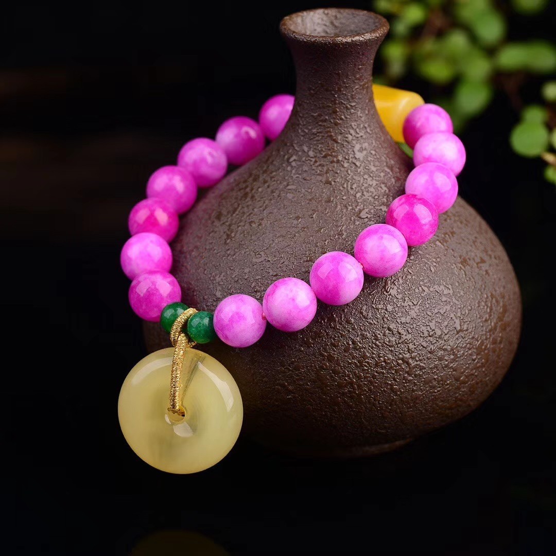 老料舒俱来单圈手链经典樱花粉搭配蜜蜡路路通和平安扣