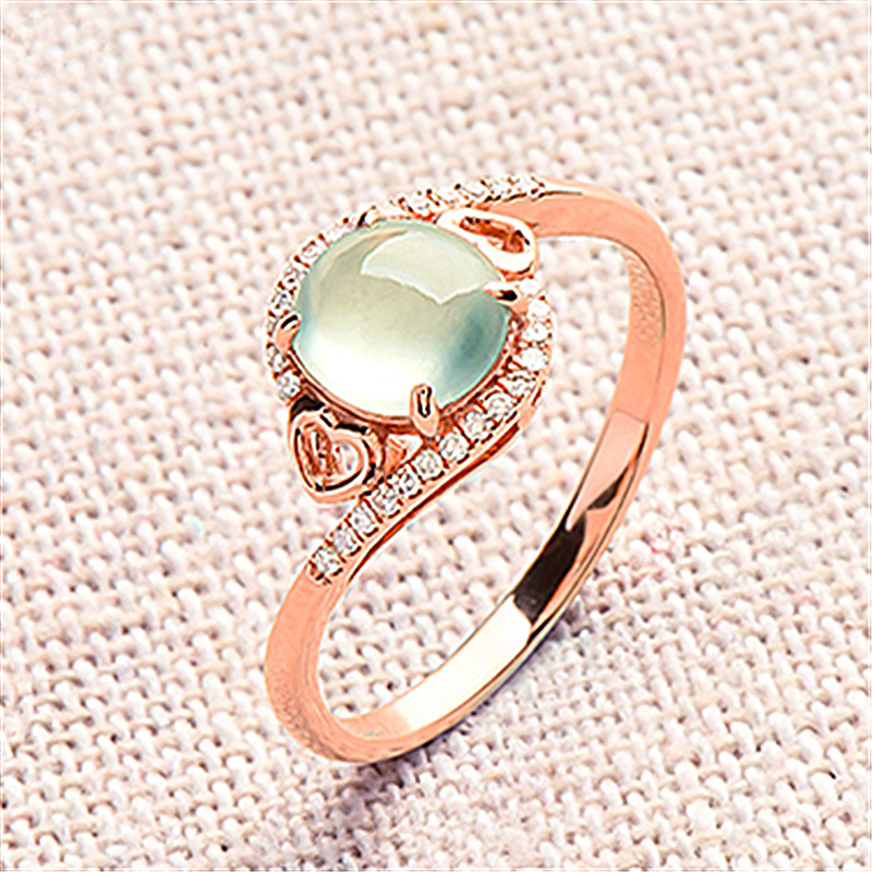 双爱心形翡翠戒指女指环 冰种蛋面葡萄绿镀18k玫瑰金镶冰灵轻盈钻