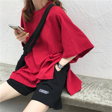 韩版慵懒风开叉短袖T恤女装夏季ins潮设计感学生大版宽松半袖上衣