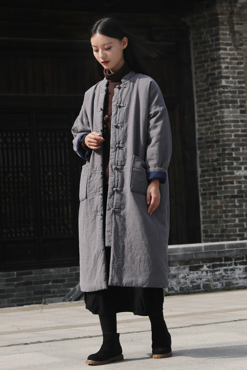 2020冬新品棉麻女装复古国风砂洗立领盘扣亚麻长款棉服女式棉衣