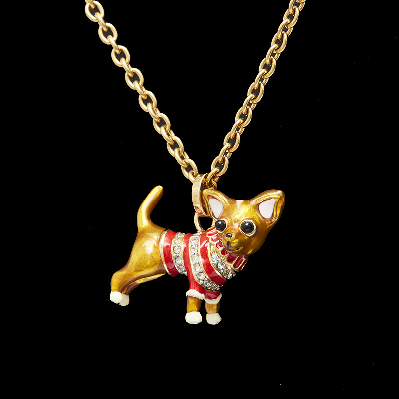 轻奢小众时尚镶钻可爱动物珐琅饰品黄色小狗吉娃娃长款项链毛衣链