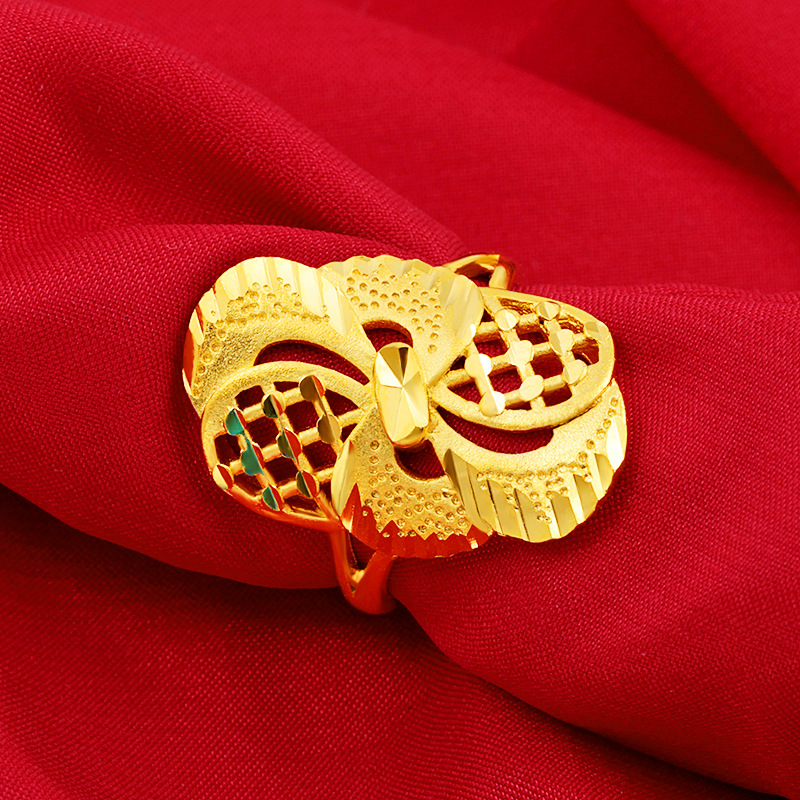 越南沙金喷砂戒指 仿黄金大花戒指女士开口 铜24k色镀金首饰批发