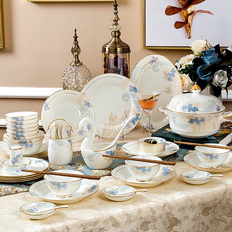 陶瓷餐具碗碟套装欧式景德镇骨瓷金边餐具筷创意礼品盘子可印LOGO