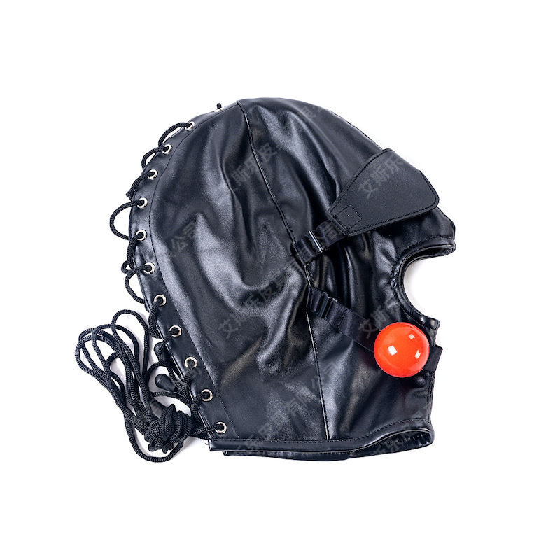 艾斯乐情趣黑色可拆卸眼罩口球系带全包头套面具皮革面罩束缚品