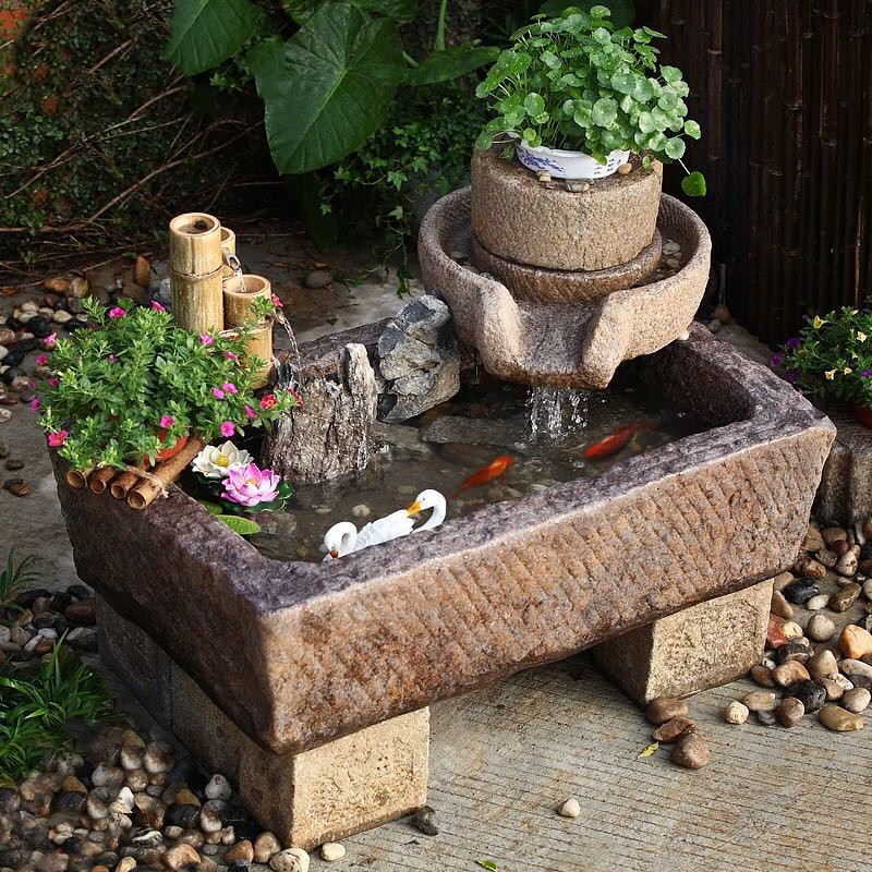石雕老石槽流水景观牛槽鱼缸酒店装饰摆件庭院青石马槽水缸洗手盆