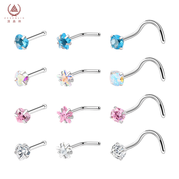 Cross-Border Hot Selling 316 Stainless Steel Nose Ring Multi-Functional Zircon Nose Stud Earrings Titanium Steel Universal Ring Factory Direct Supply