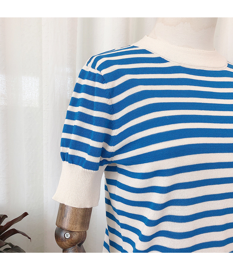 网红t恤蓝色条纹渐变针织短袖2020年春夏短袖气质减龄休闲百搭女