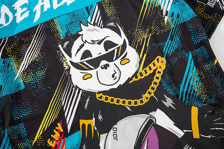 国潮嘻哈熊猫短袖oversize潮牌宽松五分袖个性涂鸦情侣拼接t恤男