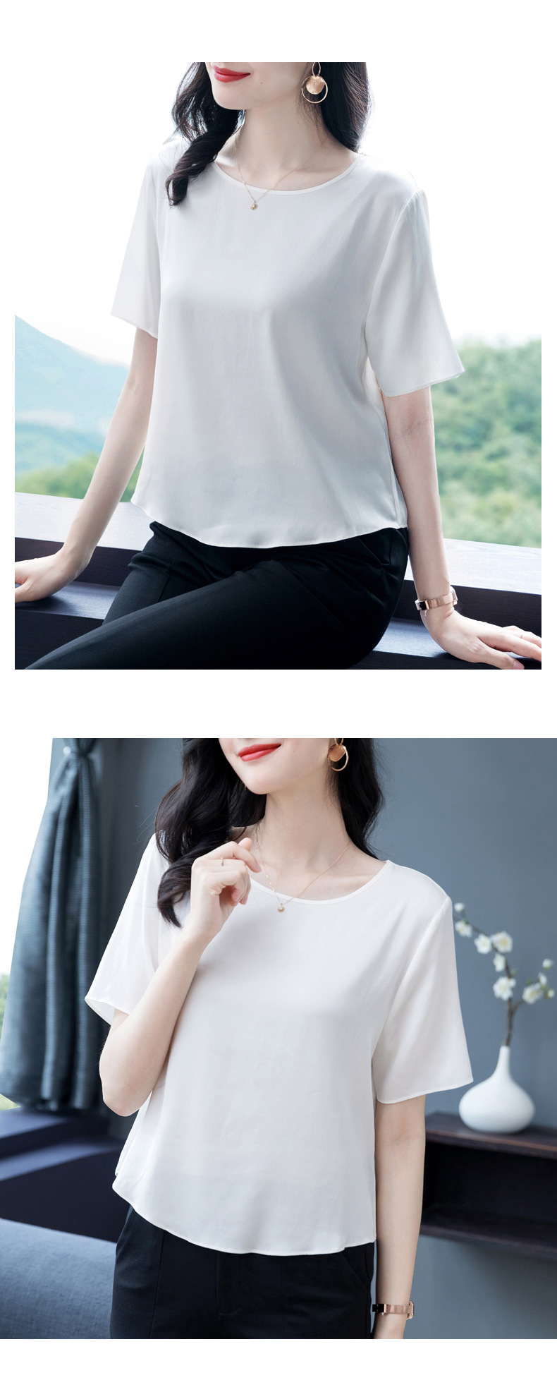 2020夏季新款桑蚕丝小衫时尚体桖缎面重磅真丝短袖女上衣宽松体恤