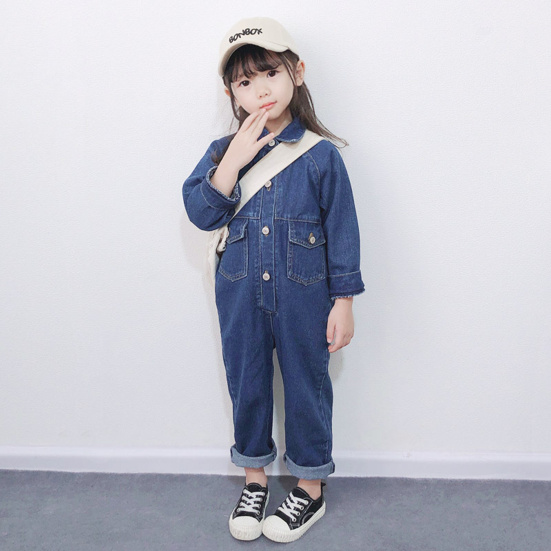 秋装ins亲子装韩版男女童牛仔连体裤儿童2020新款工装连衣裤子潮