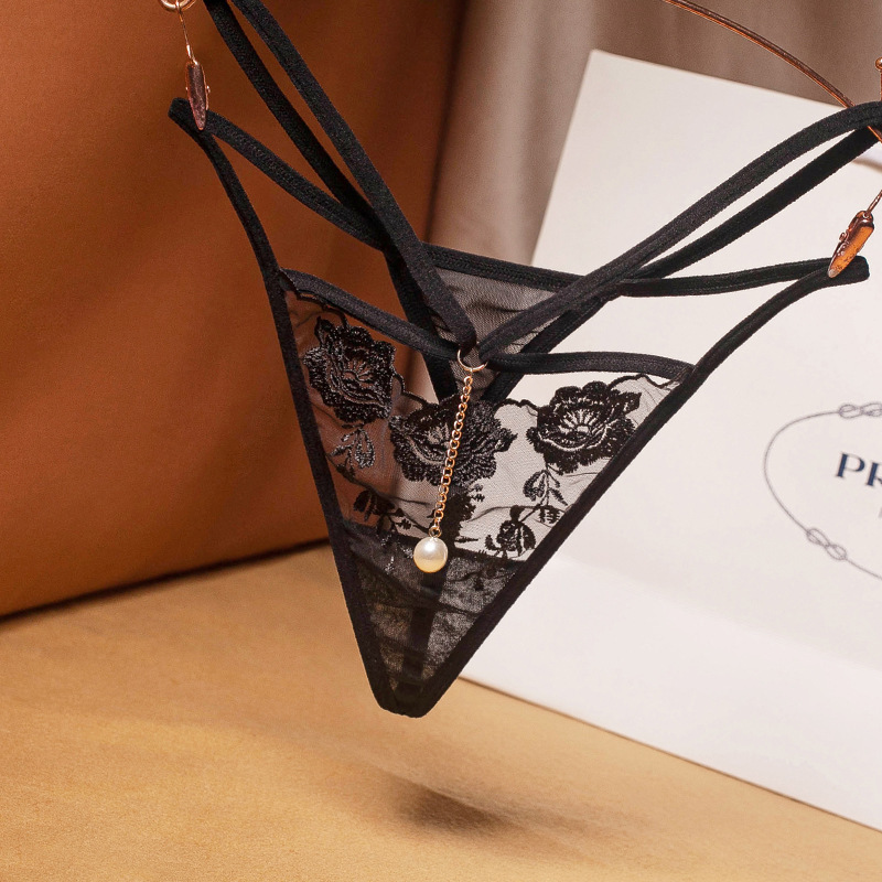 性感透视交叉细带女士内裤透明网纱刺绣珍珠诱惑丁字裤低腰 2243