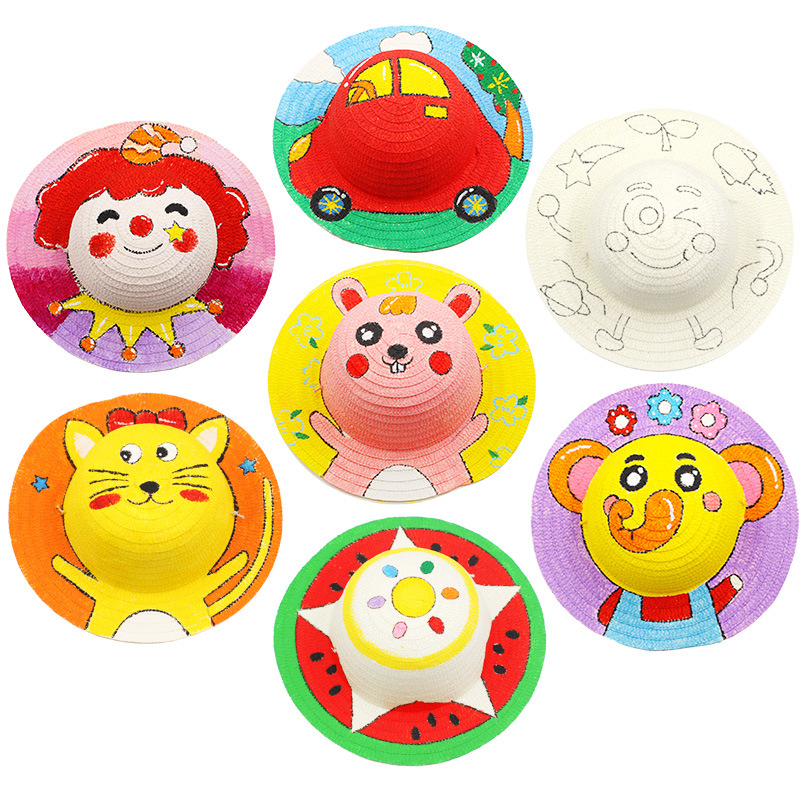 儿童diy草帽手绘涂鸦彩绘卡通绘画帽 帽子幼儿园创意墙面布置装饰