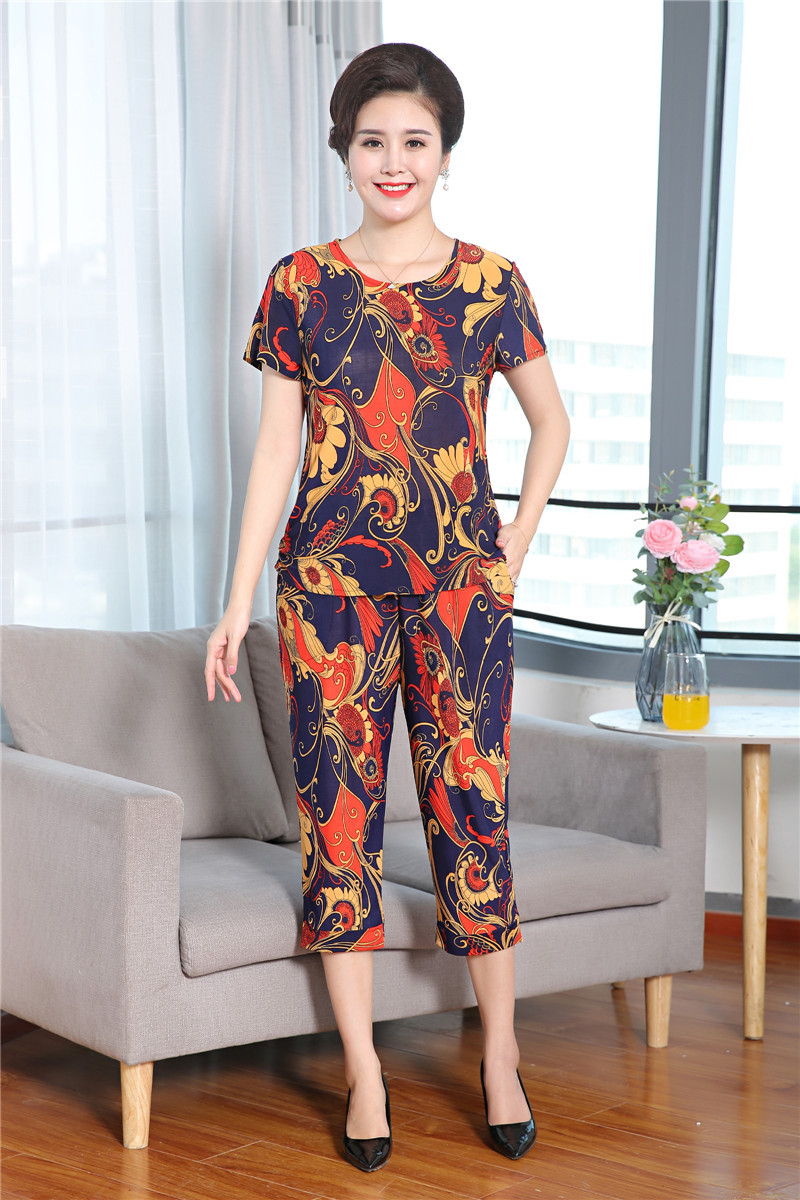 Middle-Aged and Elderly Women's Clothing for Moms Summer Clothes Two-Piece Suit Ice Silk Short Sleeve Oversized Loose-Fitting Pattern Print Casual Suit Wholesale