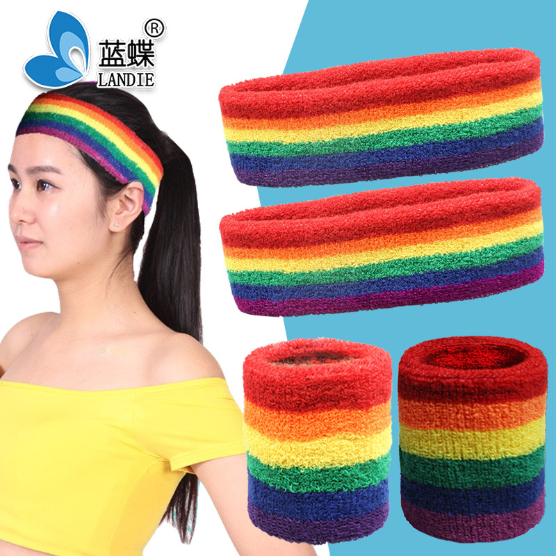 Rainbow Wristband Headband Hairband Suit Sports Sweat-Absorbent Basketball Head Protection Belt Wrist Guard Polyester Cotton with Logo