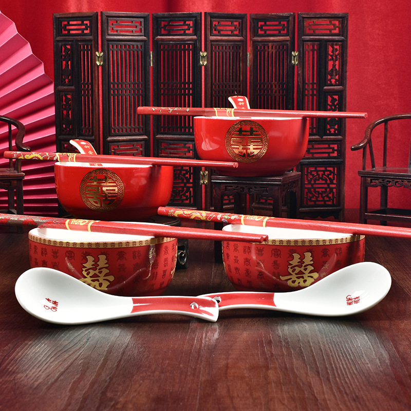 New Bowl Chinese Chaozhou Glazed Wedding Ceramics Bowl Set Wedding Supplies Xi Character Bowl Spoon Chopsticks Set Wholesale