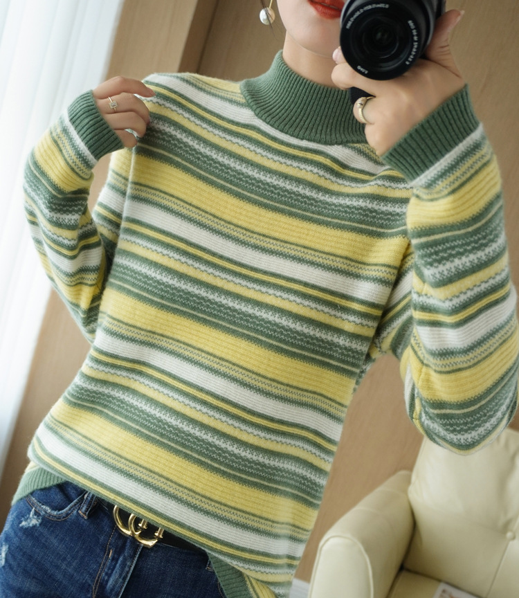 彩条毛衣女打底衫女2020秋冬新款半高领宽松套头毛衣针织撞色上衣