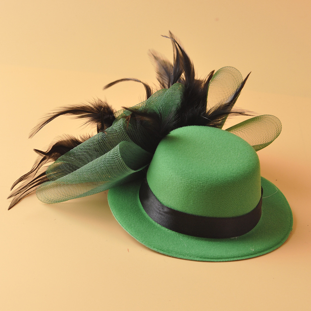 藏青儿童走秀小礼帽网纱羽毛复古手工发饰影楼写真旗袍造型头饰品