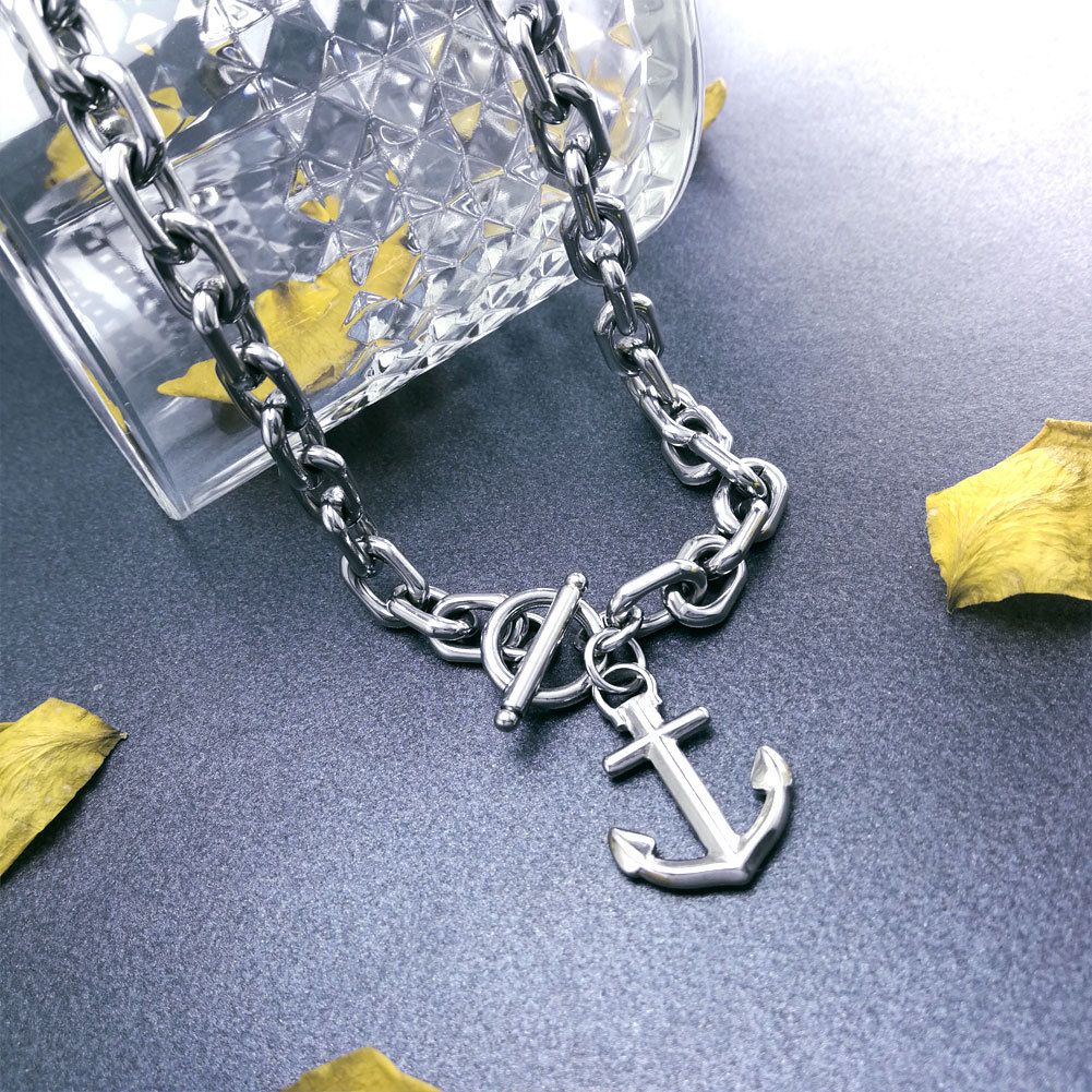 现货 跨境爆款 男士霸气嘻哈饰品白钢钛钢船锚吊坠项链 8.5mm宽