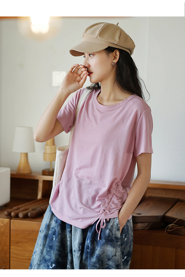 绮美棉麻女装短袖t恤女2020夏季新款宽松圆领抽摺上衣打底衫女