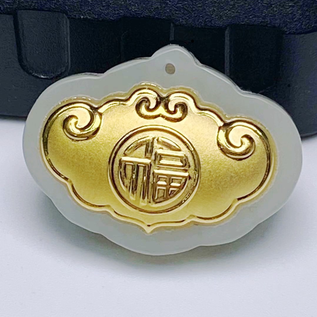 新款金镶玉4d足金和田玉如意福吊坠祥云福项坠金店直播礼品批发