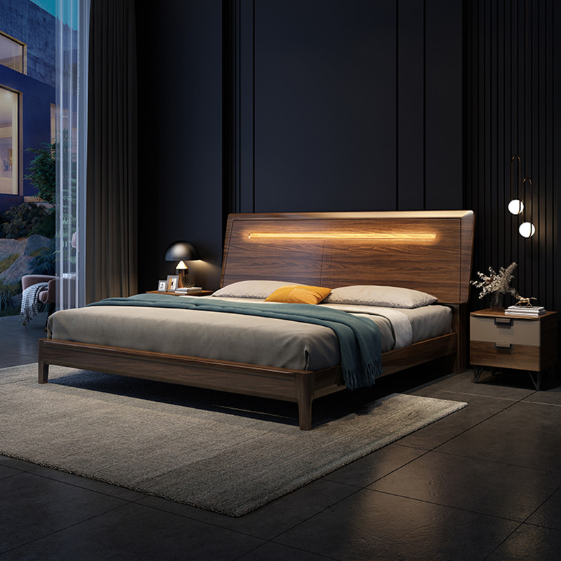 黑胡桃木全实木双人大床1.8米简约现代主卧婚床1.5米轻奢储物床